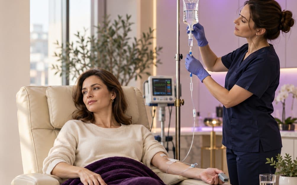 Крісло для крапельниць у клініці SYNERVA з монітором життєвих показників; медична сестра налаштовує крапельницю